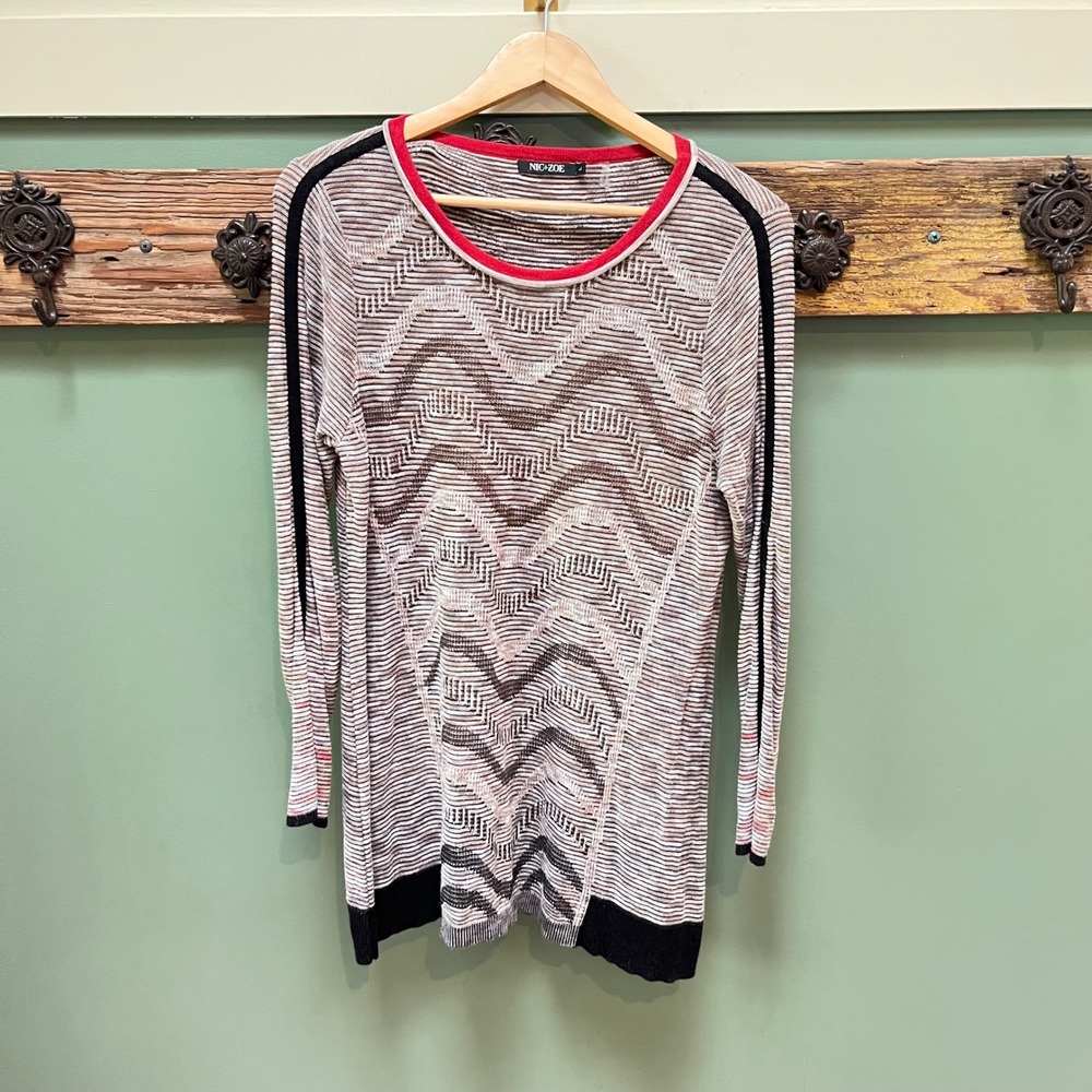 Nic+Zoe Womens Chevron Stripe Knit Tunic Sweater Brown Cream Red Size L